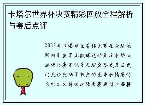 卡塔尔世界杯决赛精彩回放全程解析与赛后点评