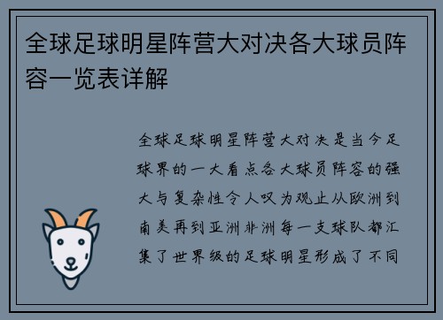 全球足球明星阵营大对决各大球员阵容一览表详解