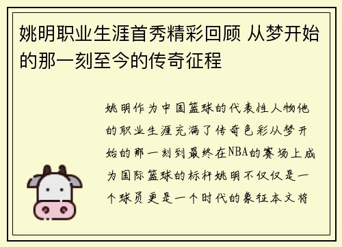 姚明职业生涯首秀精彩回顾 从梦开始的那一刻至今的传奇征程